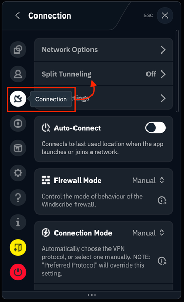 Connection Menu + Split Tunnelling