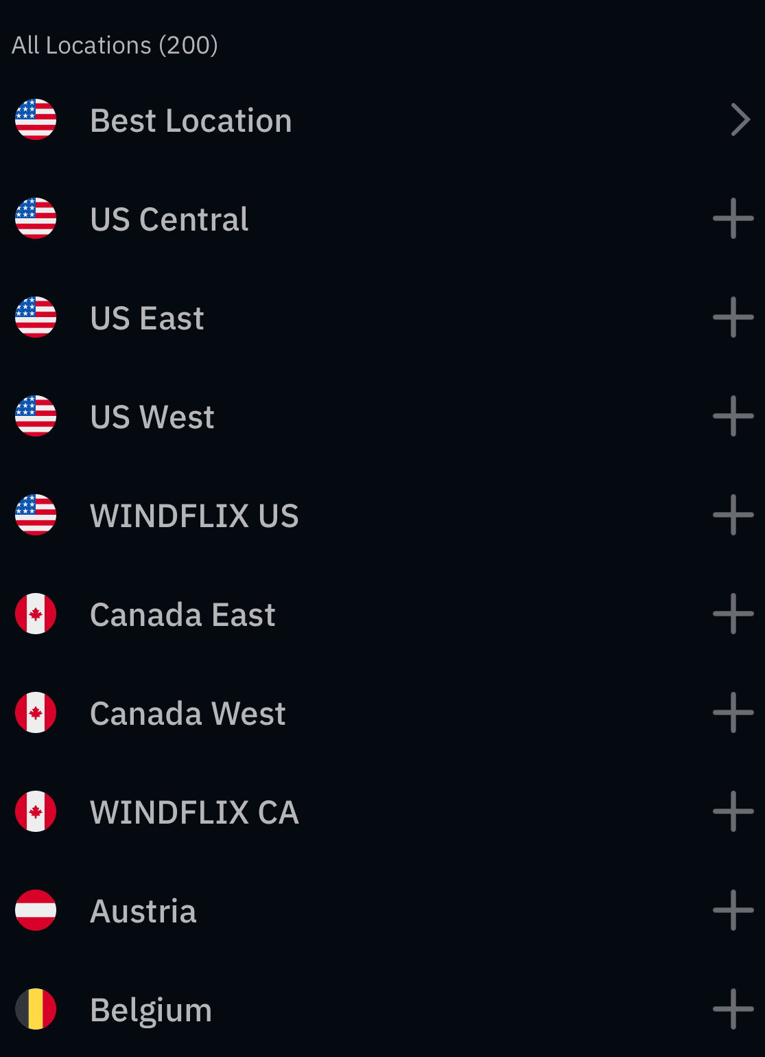 Windscribe Locations list on iPhone showing regions and location groups