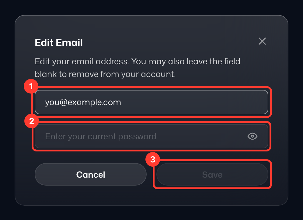 The Edit Email window, with the new email address, your current password and Save highlighted