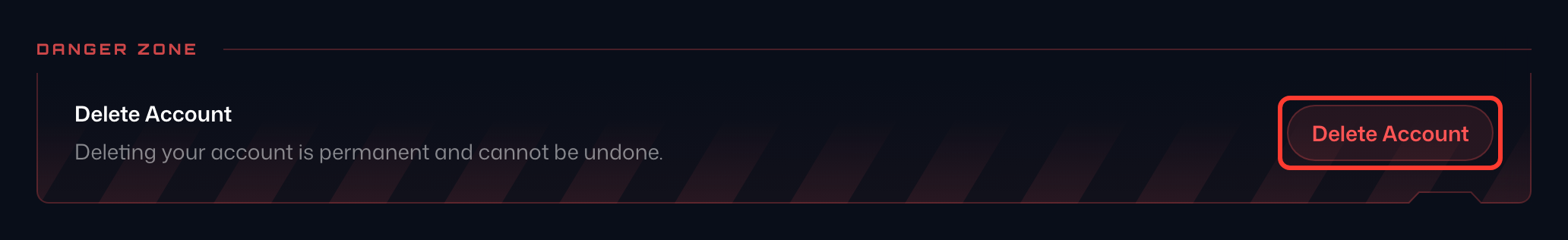 The Danger Zone card on the Account tab, with Delete Account highlighted