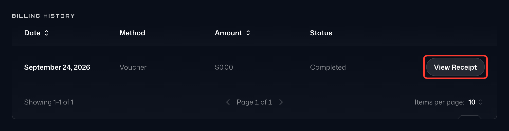 View Receipt button in the Billing History table