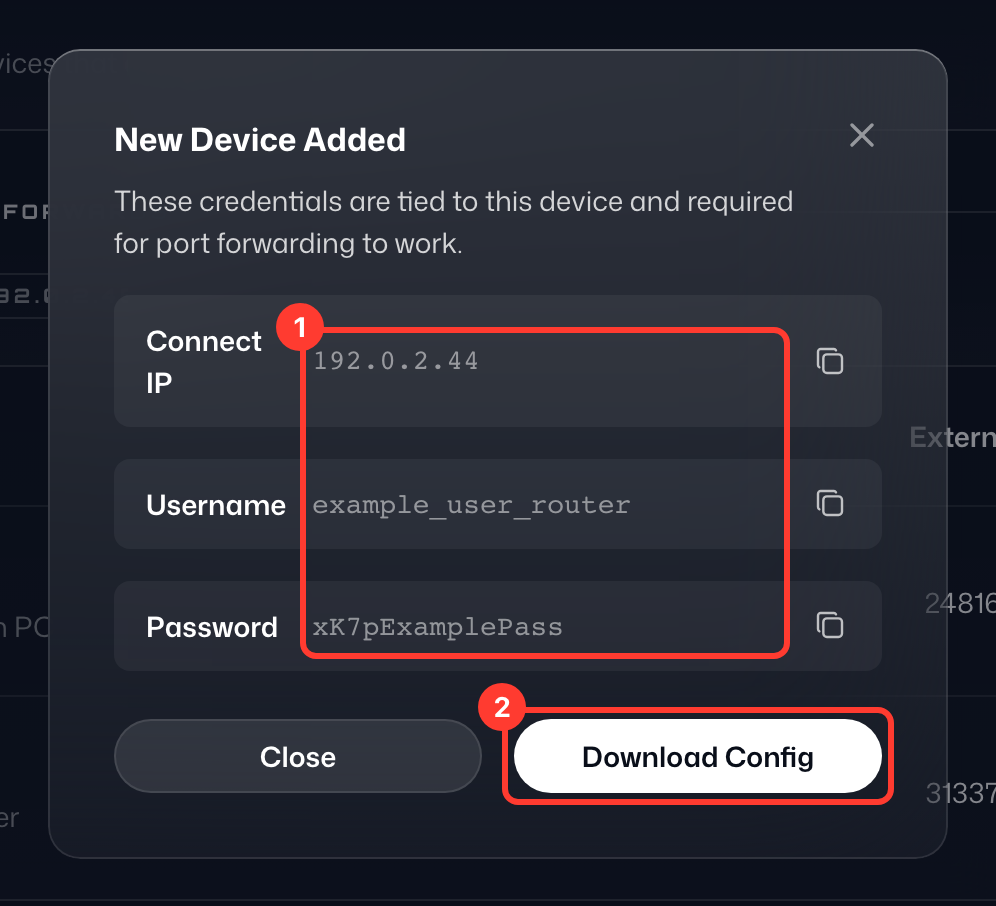 New Device Added window with the device credentials