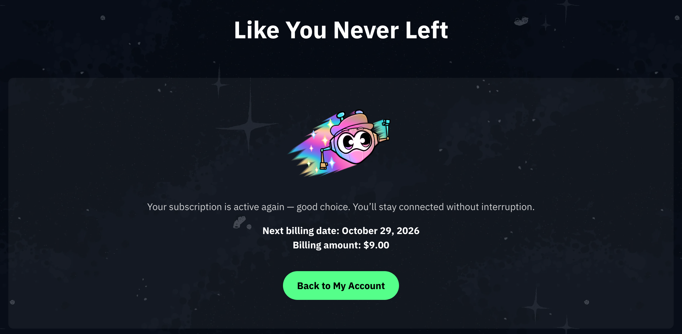 Like You Never Left confirmation page
