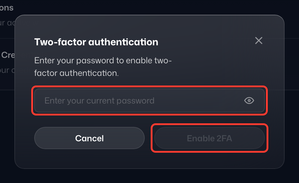 The Two-factor authentication dialog asking for your password, with Enable 2FA highlighted