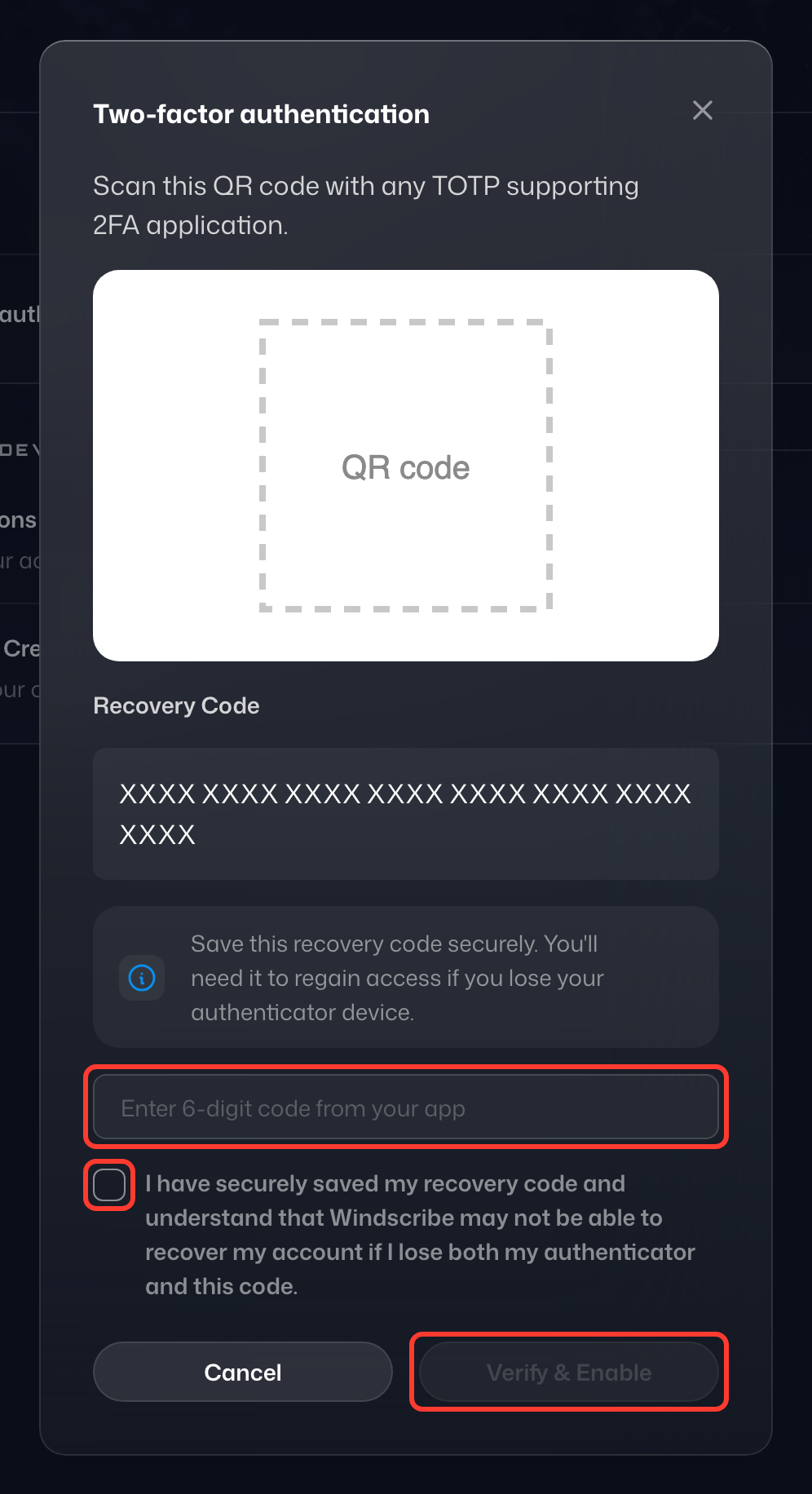 The QR code step of the Two-factor authentication dialog, with the verification code field, the confirmation checkbox and Verify & Enable highlighted