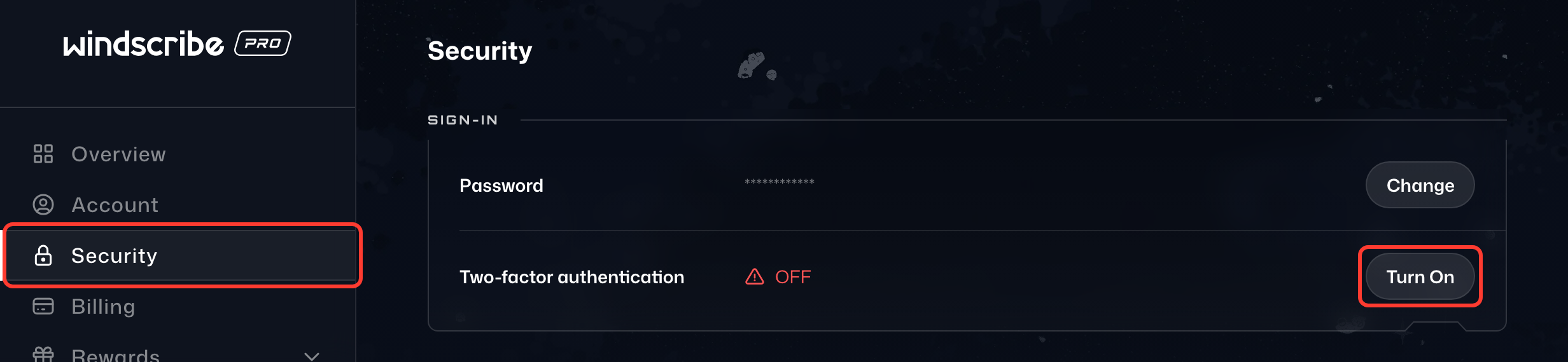The Security tab in My Account, with Turn On highlighted on the Two-factor authentication row